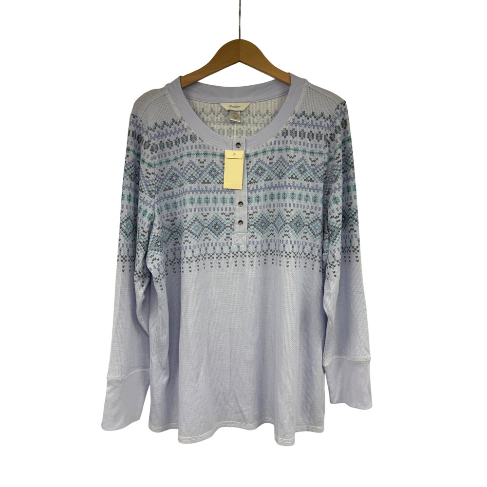 CJ Banks Womens 1X Waffle Knit Thermal Henley Top Lavender Fair Isle New